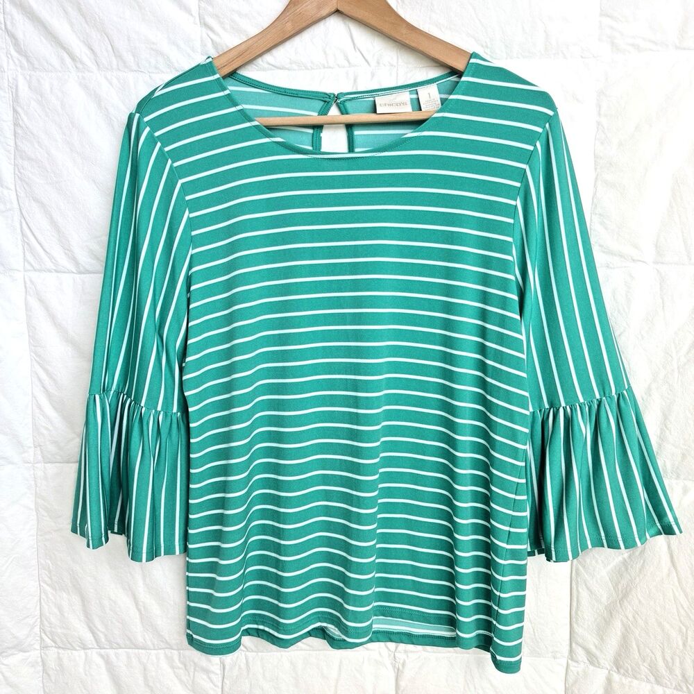 Chico's Women Striped 3/4 Flared Sleeve Crew Neck Blouse Green Size 1 (US 8-10)